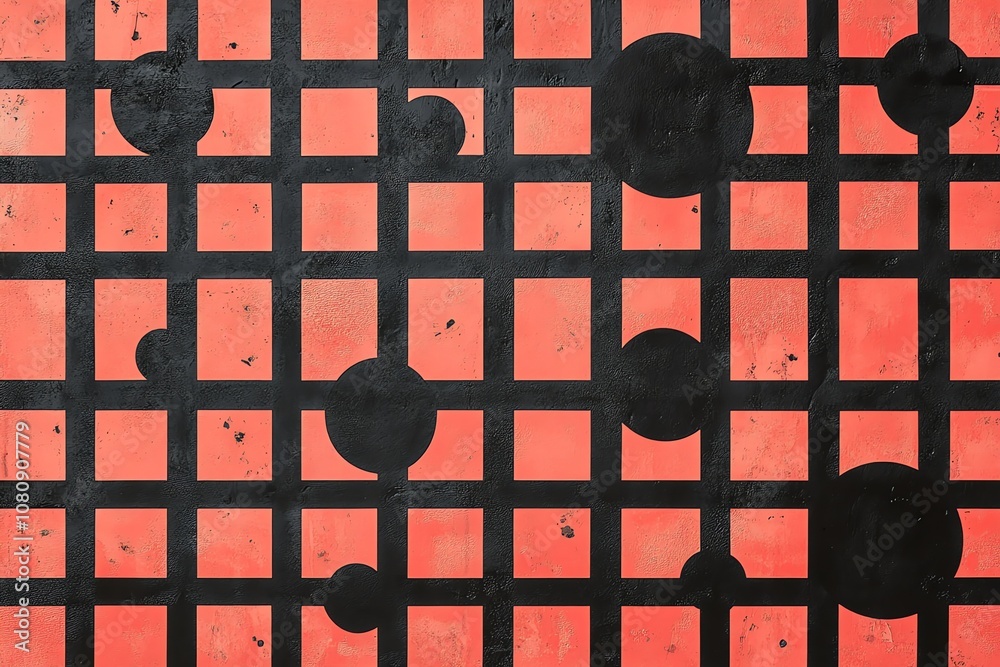 Poster Abstract geometric pattern with black circles and grid on a coral background.