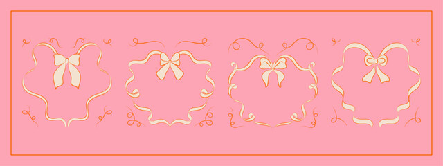 Set of hand drawn minimalist lace ribbons frame with bow knots. Vintage coquette Lolita style, heart shaped valentine frame. Perfect for poster, greeting cards, wedding invitations, branding, logo.