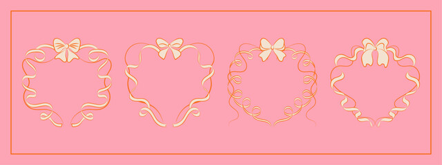 Set of hand drawn minimalist lace ribbons frame with bow knots. Vintage coquette Lolita style, heart shaped valentine frame. Perfect for poster, greeting cards, wedding invitations, branding, logo.