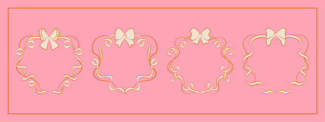 Set of hand drawn minimalist lace ribbons frame with bow knots. Vintage coquette Lolita style, heart shaped valentine frame. Perfect for poster, greeting cards, wedding invitations, branding, logo.