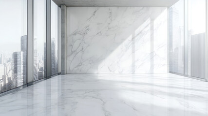 Obraz premium Elegant White Marble Wall and Large Tiles in a Modern Urban Interior Space With City Views