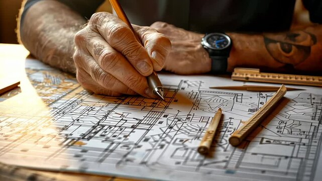 A hand sketches architectural plans on paper with drafting tools nearby.