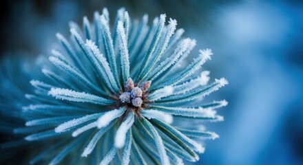 Fototapeta premium Frost-covered pine needles in close-up winter scene