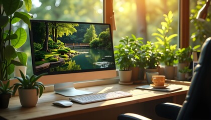 An ultra-clear depiction of a serene and productive workspace located in a natural setting. The modern computer monitor, showcasing a captivating image of a lush garden with a peaceful pond. 