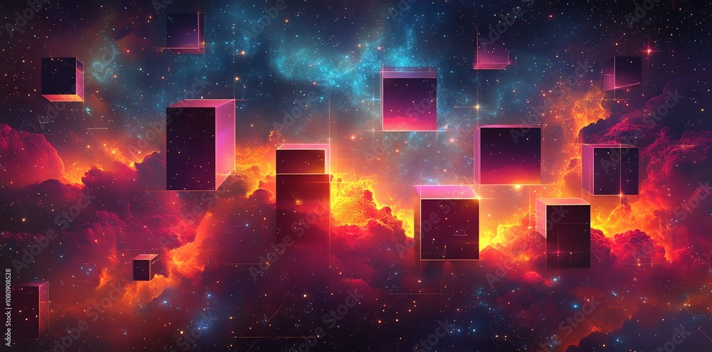 Poster Abstract geometric shapes floating in a colorful nebula with stars and clouds.