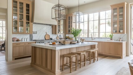 A modern, spacious kitchen featuring light wood cabinetry, a large island, and ample natural light from expansive windows.