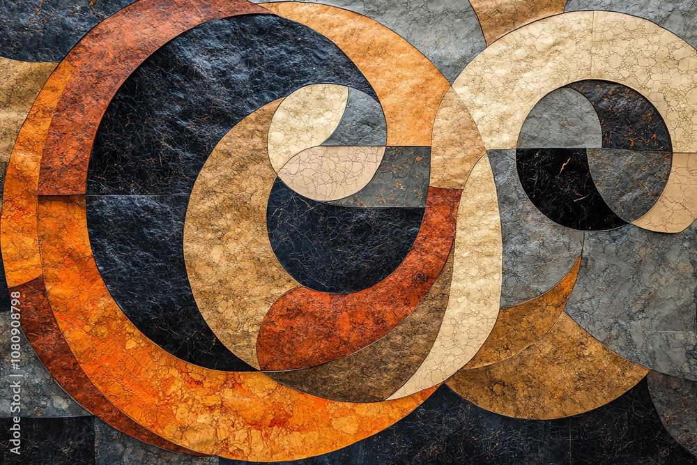 Poster Abstract geometric pattern with swirling shapes in warm colors on textured paper.