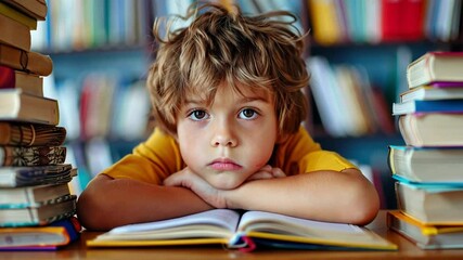 A boy rests his chin on his hands, gazing thoughtfully at an open book. He is surrounded by stacks of colorful books in a calm library setting during the afternoon.
