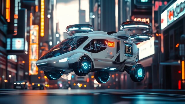 Autonomous, futuristic air taxi navigates a vibrant, neon-illuminated cityscape at night, showcasing advanced transportation technology in a cyberpunk urban environment