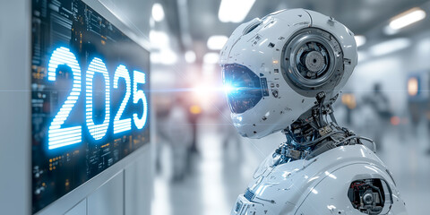 Fototapeta premium ai robot with blue high tech laser lens eyes viewing digital number 2025.. bright white happy new year future technology concept background