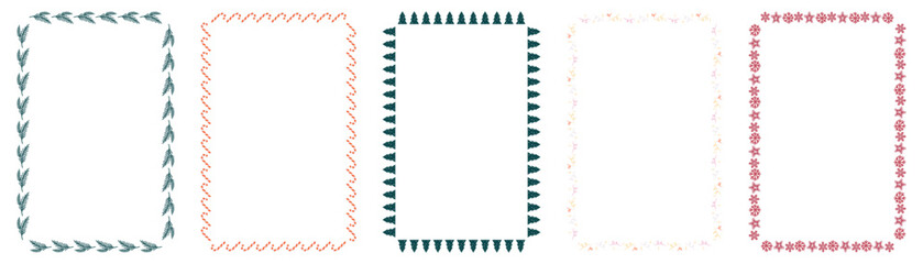 Set of Five Christmas and Holiday Vector Frames with Festive Borders: Pine Branches, Candy Canes, Christmas Trees, Party Streamers, and Snowflakes – Perfect for Greeting Cards and Invitations