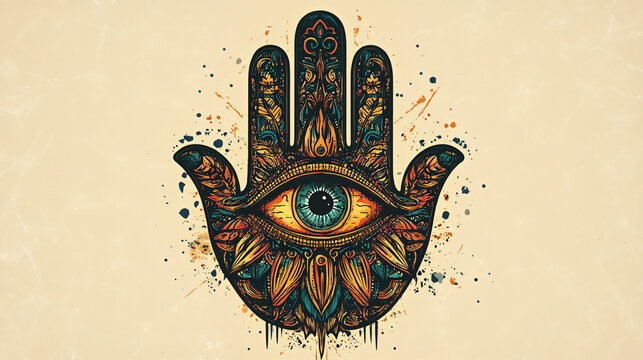 Vibrant hamsa hand featuring a central eye, representing protection, spirituality, and connection to higher consciousness