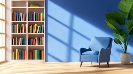 Serene Blue Room Bookshelf Armchair Plant Sunlight