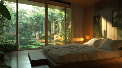 Fototapeta premium A serene bedroom with large windows revealing a lush garden, blending nature with interior comfort and tranquility.