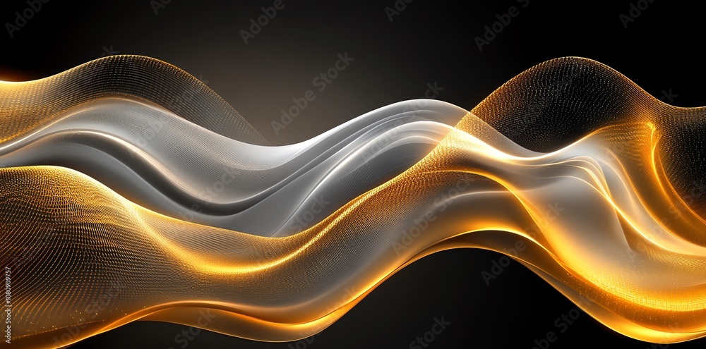 Poster abstract golden and silver waves with glowing edges on a black background.
