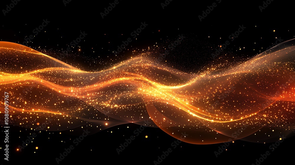 Poster abstract golden wave with glowing particles on a black background.