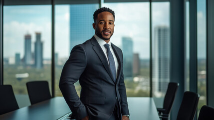Business professional stands confidently in a modern office with a city skyline view during daytime