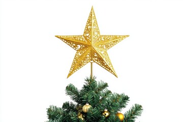 golden christmas tree on white background with star