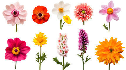 Selection of various beautiful flowers on a transparent background. isolated background.