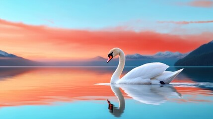 Serene Swan at Sunset Majestic Waterbird Mountain Lake Peaceful Nature Scene