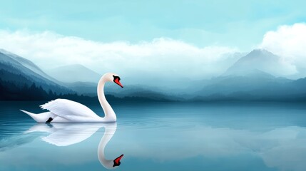 Fototapeta premium Serene Swan on Calm Lake Majestic Mountain Landscape
