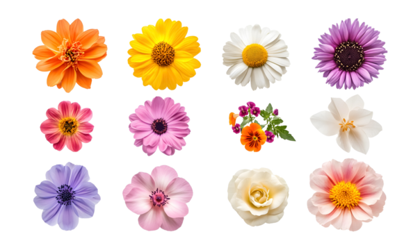 Selection of various beautiful flowers on a transparent background. isolated background.