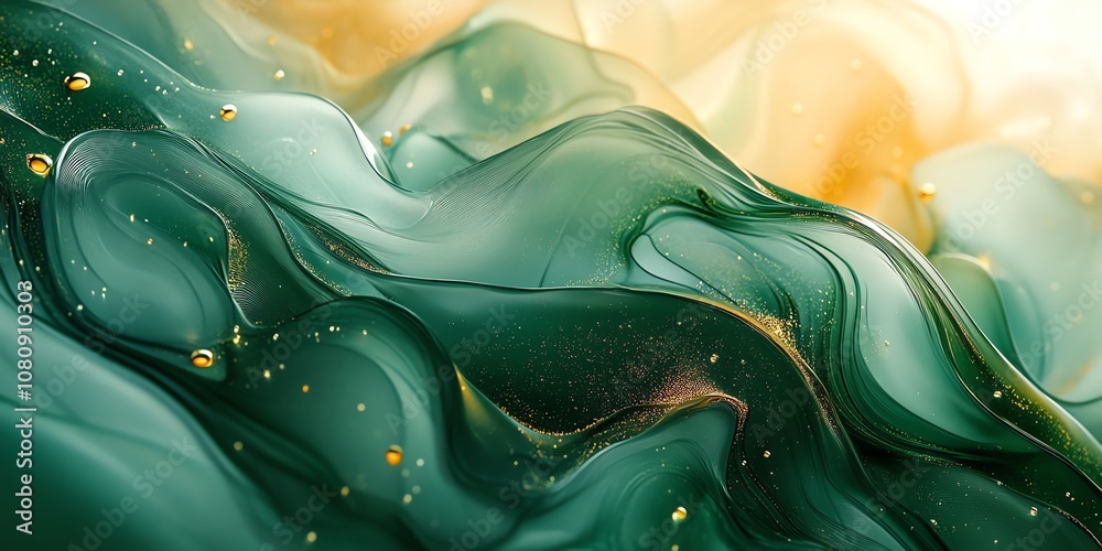 Poster abstract green and gold liquid background with swirls and glitters.