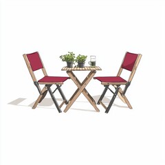 Fototapeta premium Cozy Outdoor Dining Setup Featuring Two Stylish Folding Chairs and a Small Wooden Table with Potted Plants and a Refreshing Drink