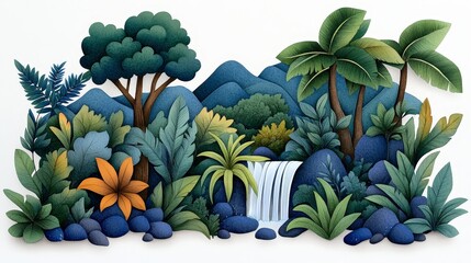 Lush Tropical Waterfall Scene Hand painted Illustration Nature Plants Paradise Landscape