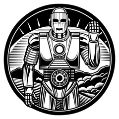 Black and white vector illustration of a humanoid robot waving, depicted in a round frame with a stylized landscape, symbolizing artificial intelligence and future technologies
