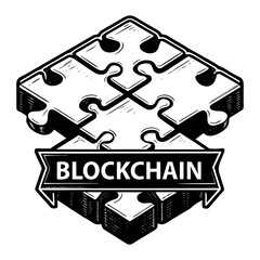 Four puzzle pieces connecting together in an isometric view with a ribbon banner displaying the word blockchain, symbolizing the interconnected nature of this technology