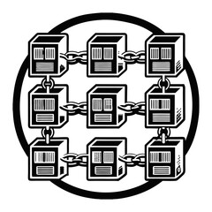 Interconnected network of cubes symbolizing blockchain technology, forming a secure and distributed ledger system within a circular framework