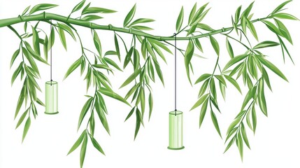 Obraz premium Elegant Bamboo Branch with Hanging Wind Chimes Capturing Serenity and Nature's Beauty in a Tranquil Outdoor Setting for Relaxation and Peaceful Atmosphere