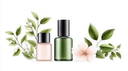 Natural Skincare Bottles with Flowers and Leaves Mockup