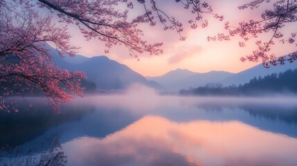 Serene Sunrise Over Misty Lake and Mountains with Blooming Cherry Blossoms