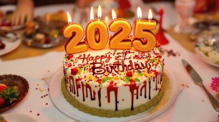 A stunning, intricately decorated cake featuring the year '2025' and candles, set on a vibrant, festive celebration table, with colorful decorations and warm lighting