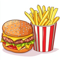 Delicious Cheeseburger with Fresh Ingredients and Golden French Fries in a Red and White Striped Cup Perfect for Fast Food Lovers
