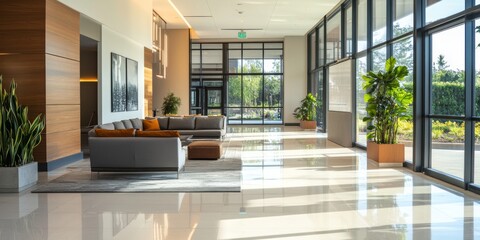 Modern lobby design featuring sleek furniture and large windows. This space is bright and inviting, perfect for relaxation or meetings. Ideal for real estate, architecture, or interior design. AI