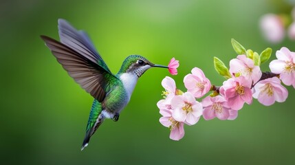 Hummingbird Feeding on Pink Blossom Spring Wildlife Nature Photography