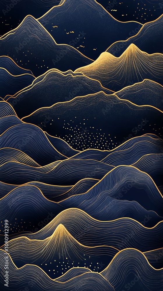 Poster abstract minimalist mountain range with golden lines and dark blue background.