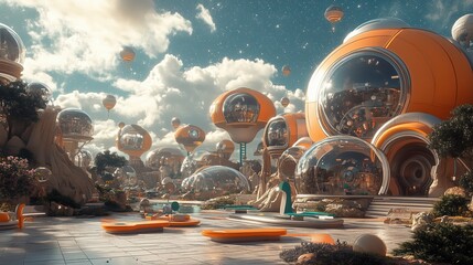 Unique retro futuristic park setting in a space colony featuring vibrant designs, modern architecture, and imaginative landscape elements, inviting exploration and creativity.