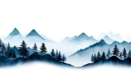Fototapeta premium Serene Blue Mountain Landscape Misty Peaks Coniferous Forest Nature Scene