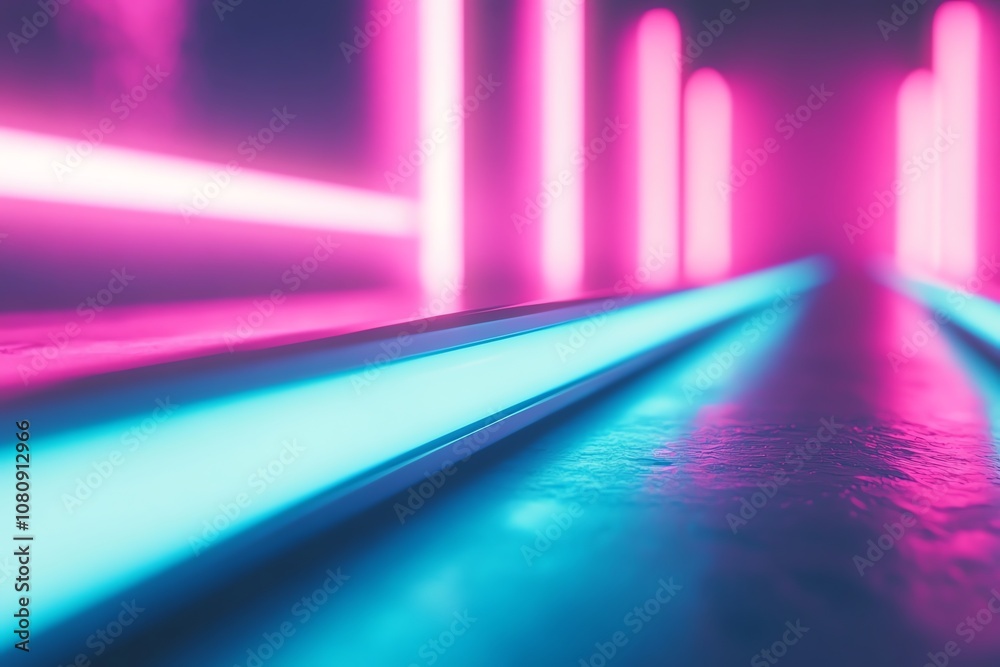 Poster abstract neon light design with pink and blue glowing lines on a dark background.