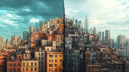 Obraz premium Wealth gap symbolized by rich and poor sides of a divided cityscape