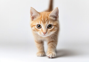 Obraz premium Cute little cat walking towards camera, front view, on white background. 