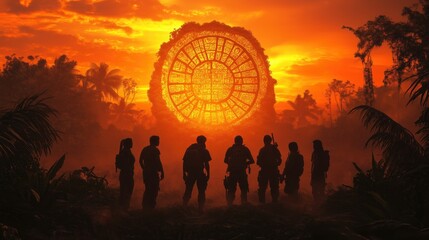 A Group of Adventurers Silhouetted Against a Dramatic Sunset, Surrounded by Lush Tropical Vegetation and a Mystical Circular Structure
