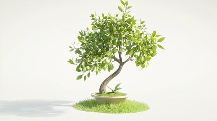 Beautifully Curved Bonsai Tree with Lush Green Leaves Growing on a Simple Pot Surrounded by Soft Green Grass in a Bright Studio Setting