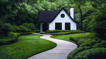 Charming White House Winding Path Lush Greenery Suburban Home Landscaping