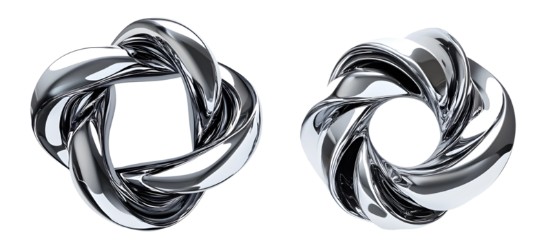 Set of 3D rendering twisted chrome metallic on a transparent background. isolated background.
