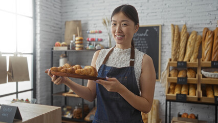 Woman holding freshly baked croissants in a bakery shop in china with shelves of bread in the background, showcasing an attractive atmosphere of fresh, delicious pastries and asian culture.